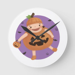 Halloween Illustration: Pumpkin Girl Round Clock
