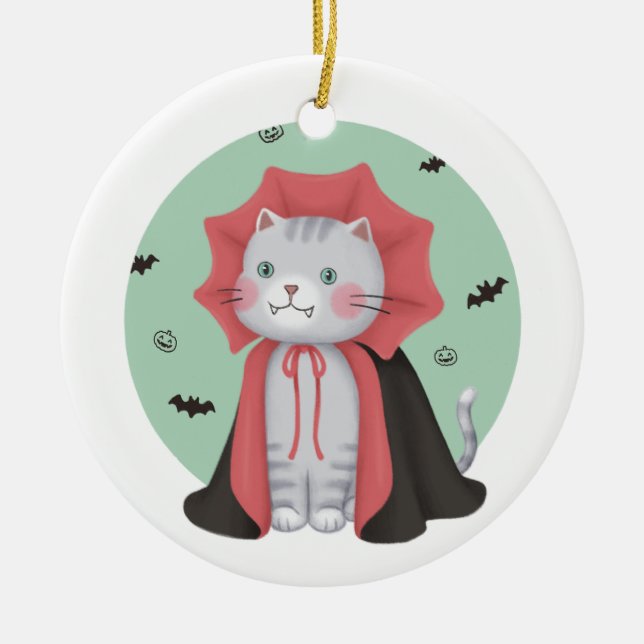 Halloween Illustration: Vampire Cat Ceramic Tree Decoration (Front)