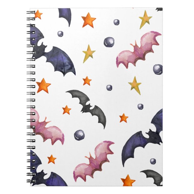 Halloween illustration with bats and stars notebook (Front)