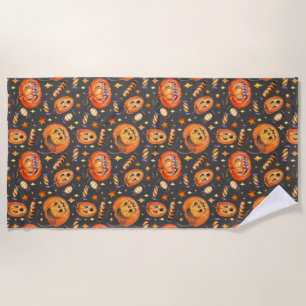 Halloween illustration with pumpkin and sweets bat beach towel