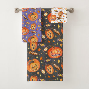 Halloween illustration with pumpkin and sweets bath towel set