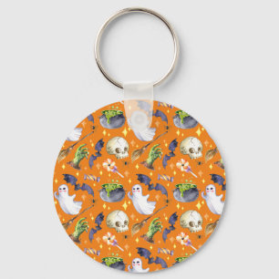 Halloween illustration with pumpkin,ghost and bat  key ring