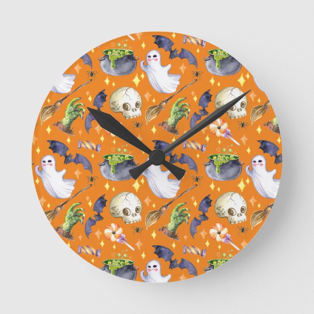 Halloween illustration with pumpkin,ghost and bat  round clock (Front)