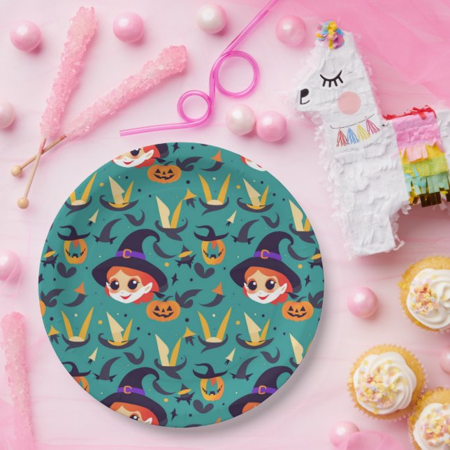 Halloween image with a happy witch’s face paper plate (Party)