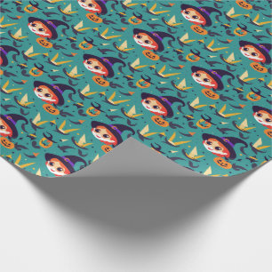 Halloween image with a happy witch’s face wrapping paper