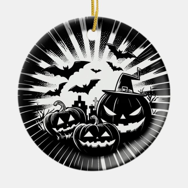 Halloween in black and white ceramic tree decoration (Front)