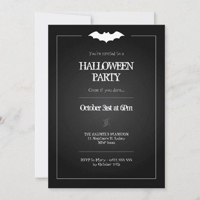 Halloween Invitation, Black and White Bat Theme Invitation (Front)