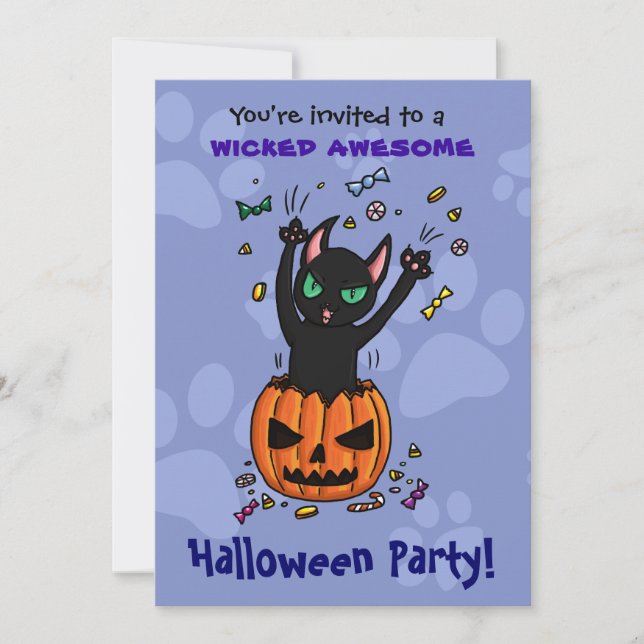 Halloween invite black cat jumping from pumpkin (Front)