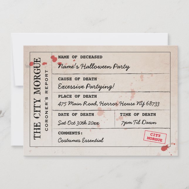 Halloween Invite City Morgue Coroner's Office (Front)