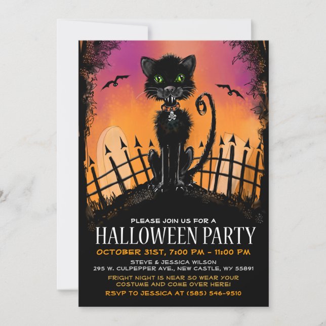 Halloween Invite - Scary Cat in Graveyard (Front)