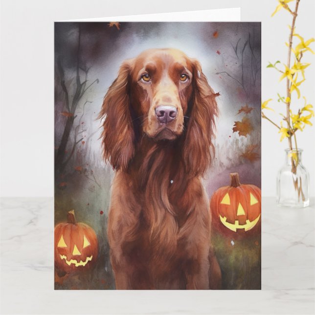 Halloween Irish Red Setter With Pumpkins Scary  Card (Yellow Flower)