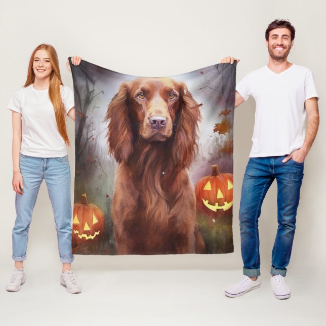 Halloween Irish Red Setter With Pumpkins Scary  Fleece Blanket (In Situ)
