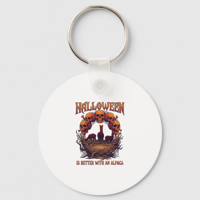 Halloween Is Better Alpaca Orange Skulls Spider We Key Ring (Front)
