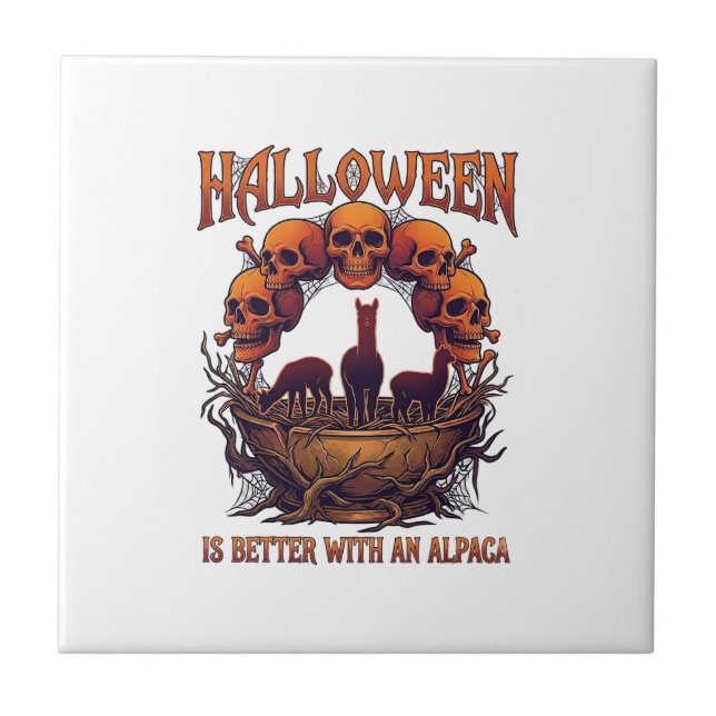 Halloween Is Better Alpaca Orange Skulls Spider We Tile (Front)