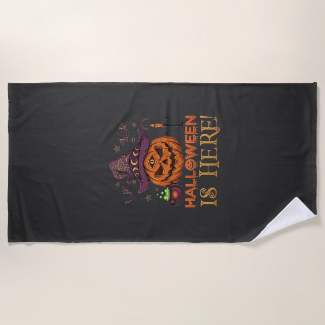 Halloween Is Here Pumpkin Witch Hat Magic Cauldron Beach Towel (Front)