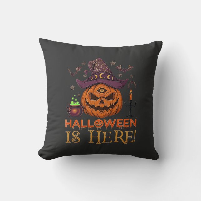 Halloween Is Here Pumpkin Witch Hat Magic Cauldron Cushion (Front)