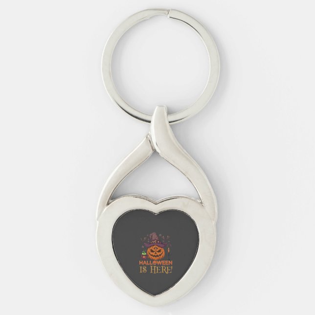 Halloween Is Here Pumpkin Witch Hat Magic Cauldron Key Ring (Front)