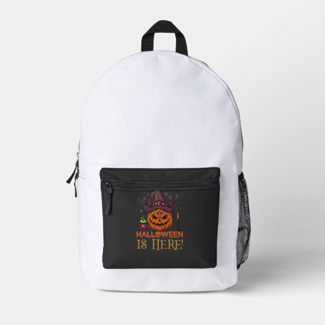 Halloween Is Here Pumpkin Witch Hat Magic Cauldron Printed Backpack (Front)