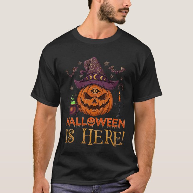 Halloween Is Here Pumpkin Witch Hat Magic Cauldron T-Shirt (Front)