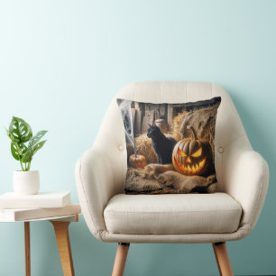 Halloween Jack-o-Lantern and Black Cat Cushion