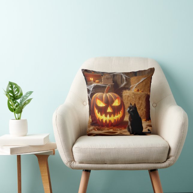 Halloween Jack-o-Lantern and Cat In Barn Cushion (Chair)