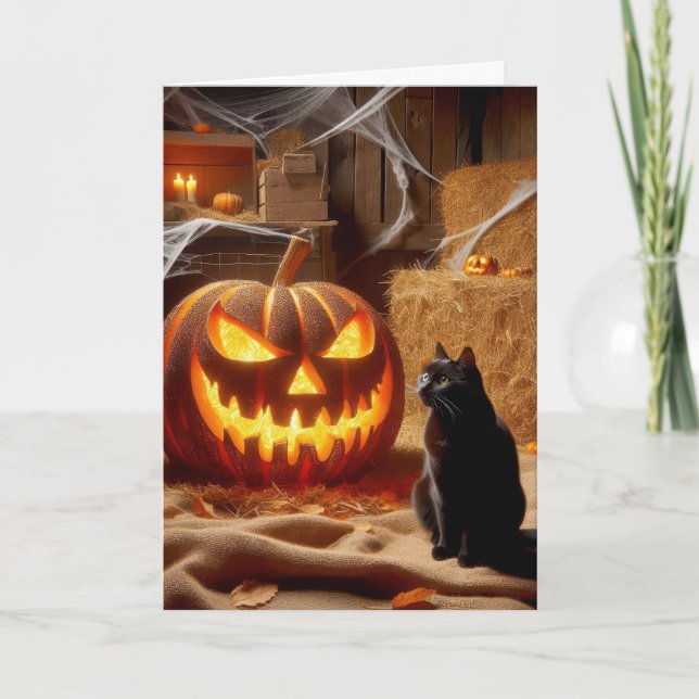 Halloween Jack-o-Lantern and Cat In Barn Holiday Card (Front)