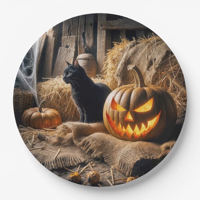 Halloween Jack-o-Lantern and Cat In Barn Paper Plate (Front)