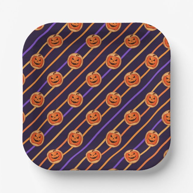 Halloween Jack-O-Lantern Black Striped Paper Plate (Front)