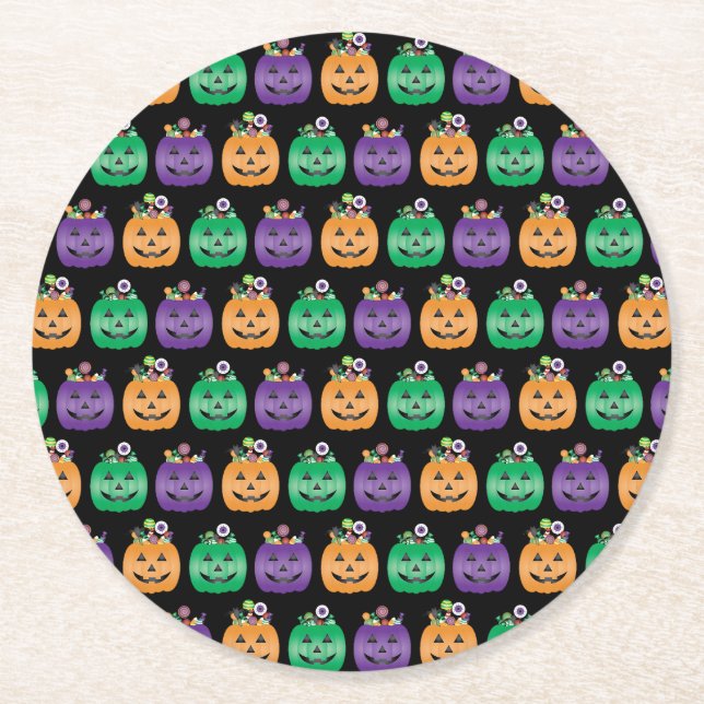 Halloween Jack O Lantern Candy Pail Round Paper Coaster (Front)