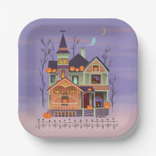 Halloween Jack-o'-lantern House Paper Plate