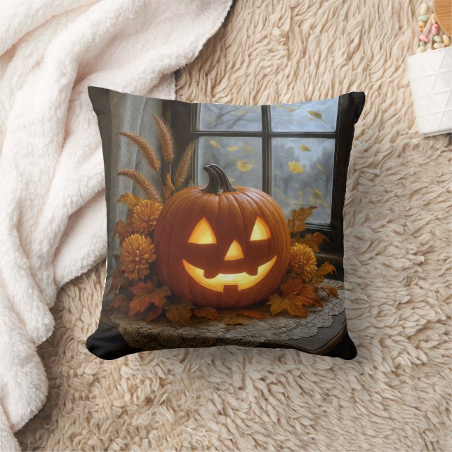 Halloween Jack-o-Lantern In Autumn Flowers Cushion (Blanket)
