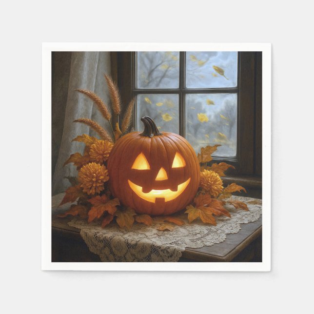 Halloween Jack-o-Lantern In Autumn Flowers Napkin (Front)