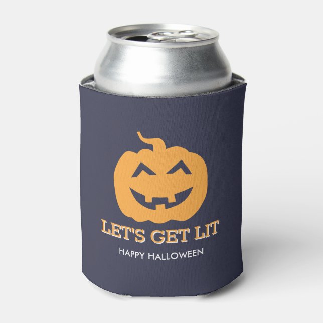 Halloween Jack O' Lantern Let's Get Lit Beer Can Cooler (Can Front)