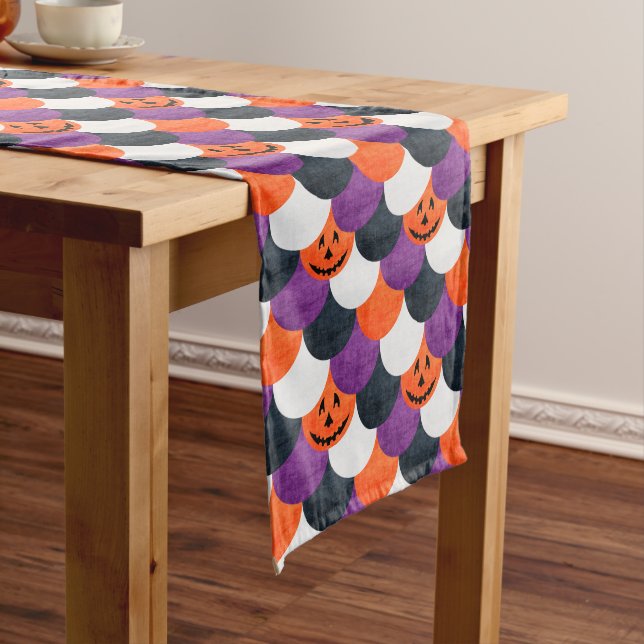 Halloween Jack-o’-Lantern Mermaid Scales Pattern Medium Table Runner (In Situ)