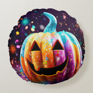 Halloween Jack O’Lantern Neon Pop Art Round Cushion