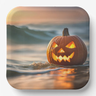 Halloween Jack-o-Lantern On Seashore Paper Plate