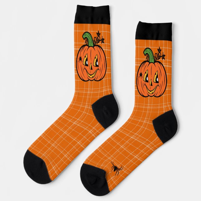 Halloween Jack O Lantern Orange Pumpkin Spider Socks (Left)