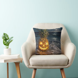 Halloween Jack-o-Lantern Pineapple in Ocean Surf Cushion