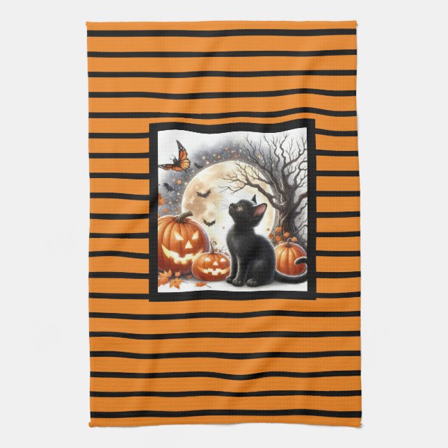 Halloween Jack O Lantern Pumpkin and Cat  Tea Towel (Vertical)