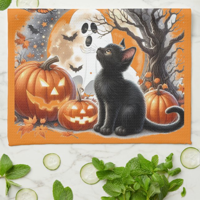 Halloween Jack O Lantern Pumpkin and Cat  Tea Towel (Folded)