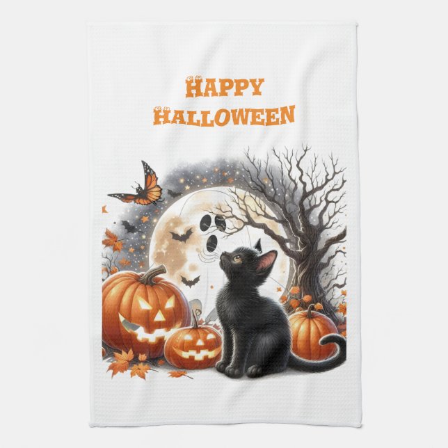 Halloween Jack O Lantern Pumpkin Cat White Tea Towel (Vertical)