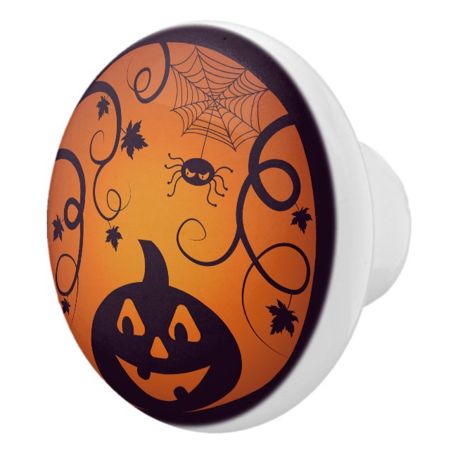 Halloween Jack o lantern pumpkin face and spider Ceramic Knob (Right)