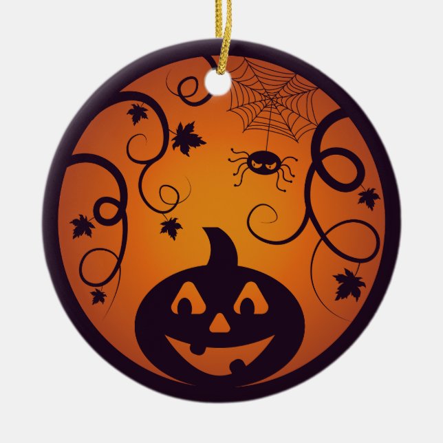 Halloween Jack o lantern pumpkin face and spider Ceramic Tree Decoration (Front)