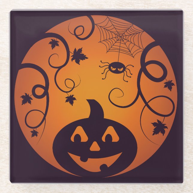 Halloween Jack o lantern pumpkin face and spider Glass Coaster (Front)