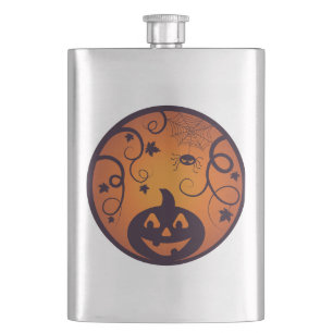 Halloween Jack o lantern pumpkin face and spider Hip Flask