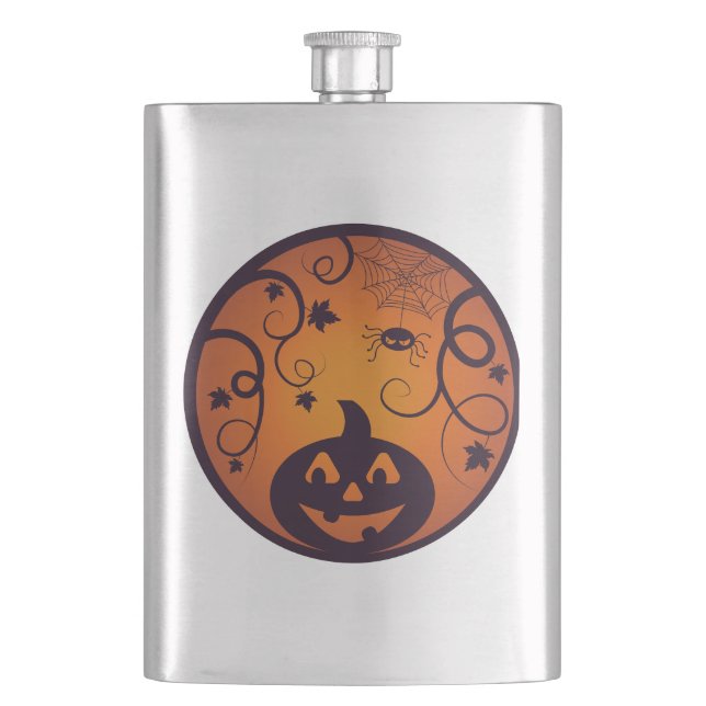Halloween Jack o lantern pumpkin face and spider Hip Flask (Front)