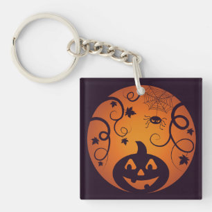 Halloween Jack o lantern pumpkin face and spider Key Ring