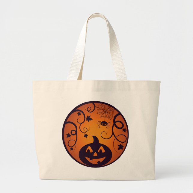 Halloween Jack o lantern pumpkin face and spider Large Tote Bag (Front)