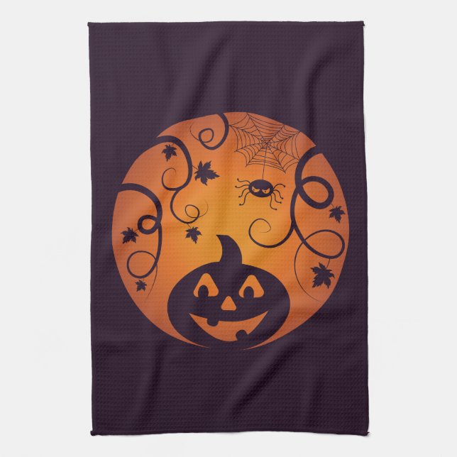 Halloween Jack o lantern pumpkin face and spider Tea Towel (Vertical)