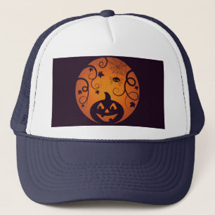 Halloween Jack o lantern pumpkin face and spider Trucker Hat